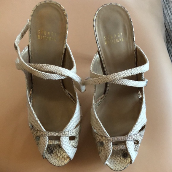 Stuart Weitzman cream fabric/pearlescent snakeskin platform peep toe stiletto - Picture 13 of 16
